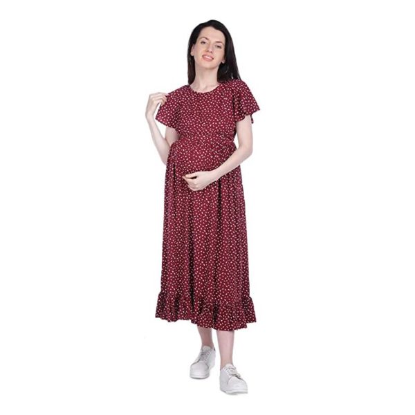 maroon maternity dress with white dots